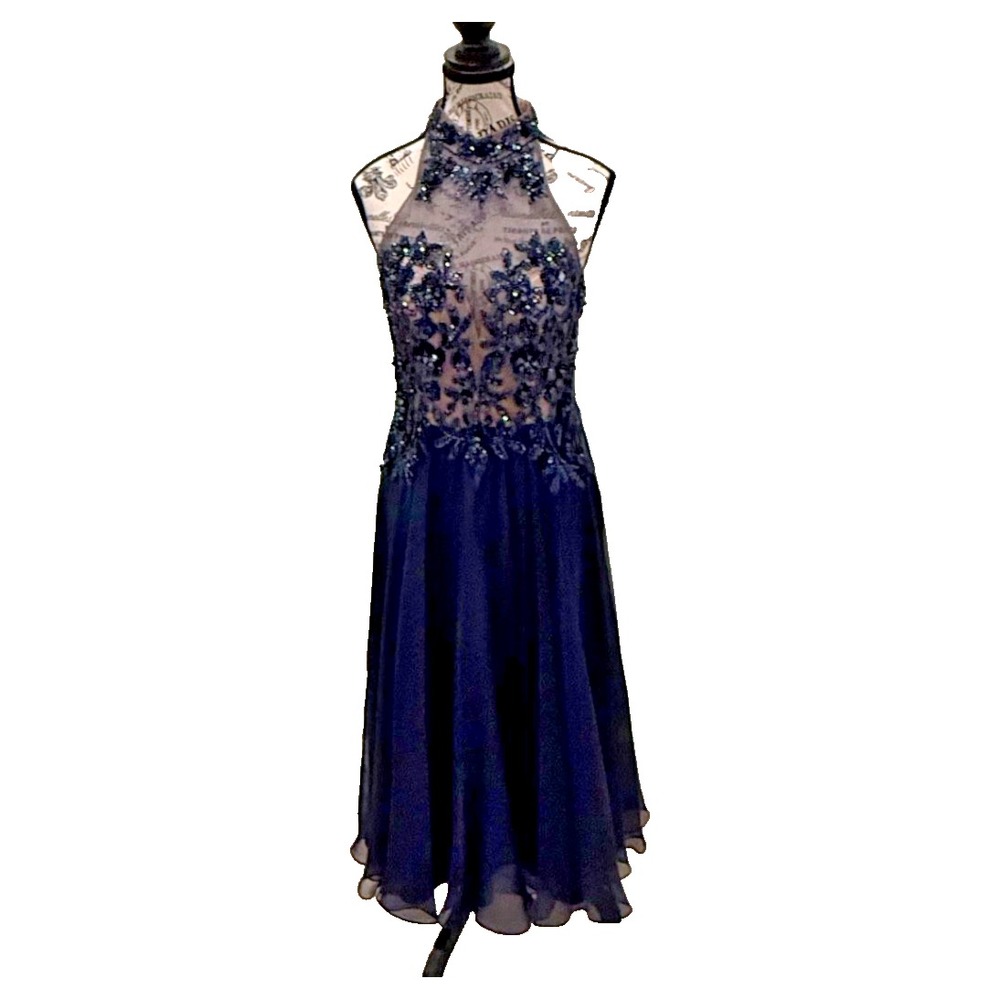 Vintage Dave & Johnny Women's Beaded Tea Length Evening Gown Blue Size 3/4 - Picture 9 of 10